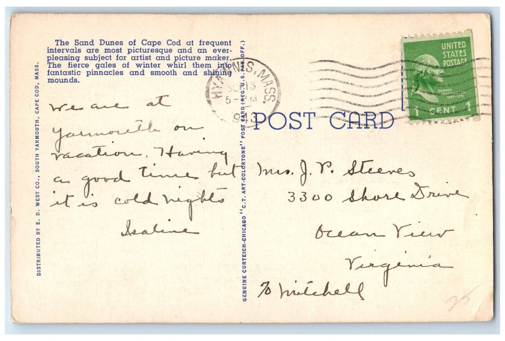 1943 Cape Cod Sand Dunes Picturesque Fierce Gales Massachusetts Vintage Postcard