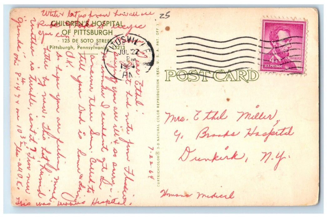 1964 Children's Hospital Pittsburgh De Soto Street Pennsylvania Vintage Postcard