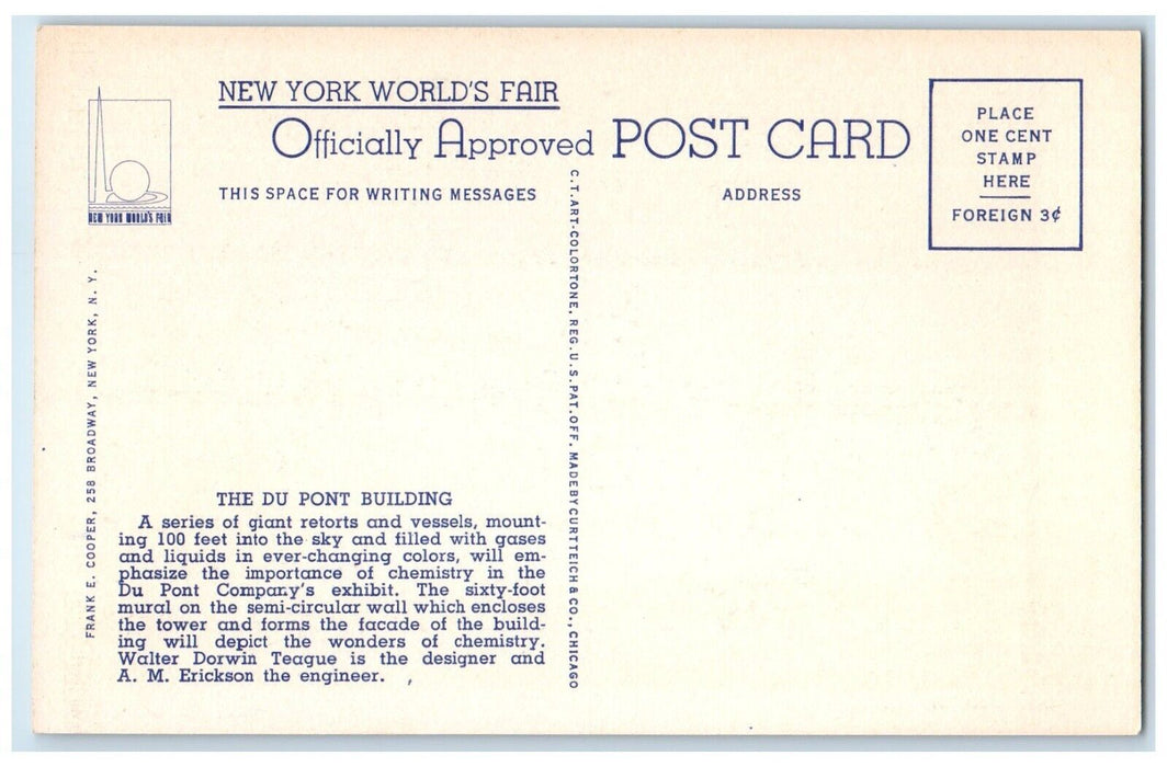 1939 The DU Font Chemistry Building Exposition New York World's Fair Postcard