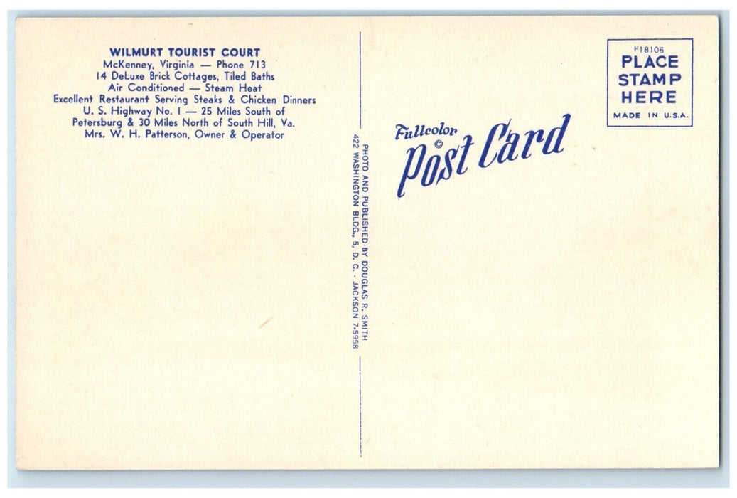 c1950's Wilmurt Tourist Court Motel Roadside McKenney Virginia VA Postcard