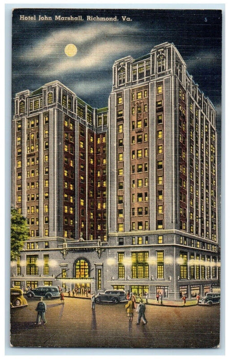 1945 Hotel John Marshall Night View Moon Richmond Virginia VA Vintage Postcard