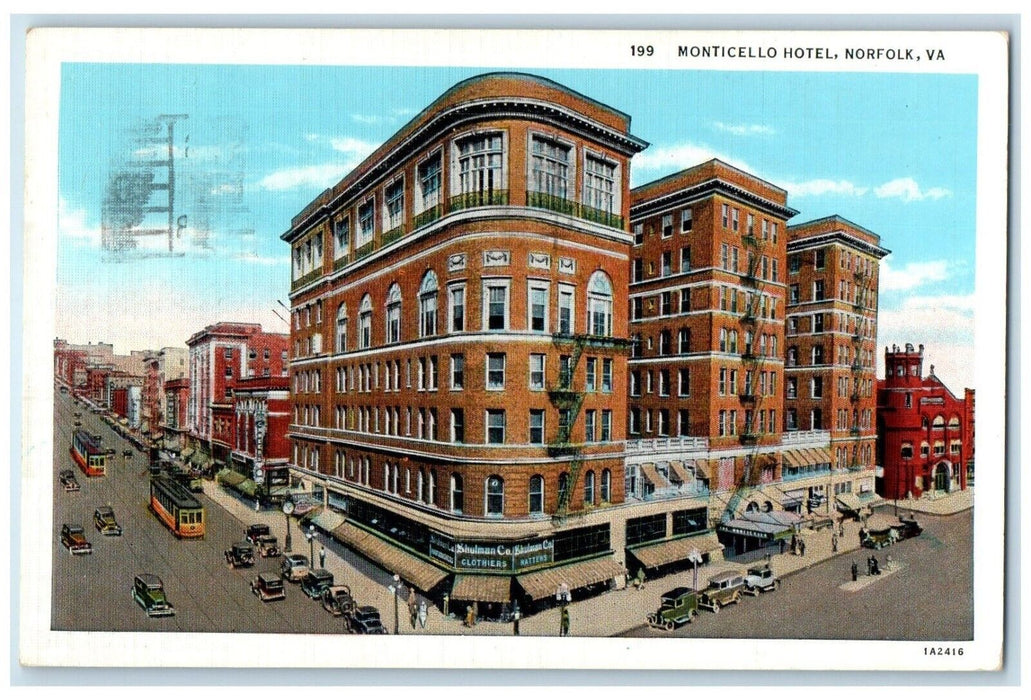 1938 Monticello Hotel Building Trolley Cars Norfolk Virginia VA Vintage Postcard