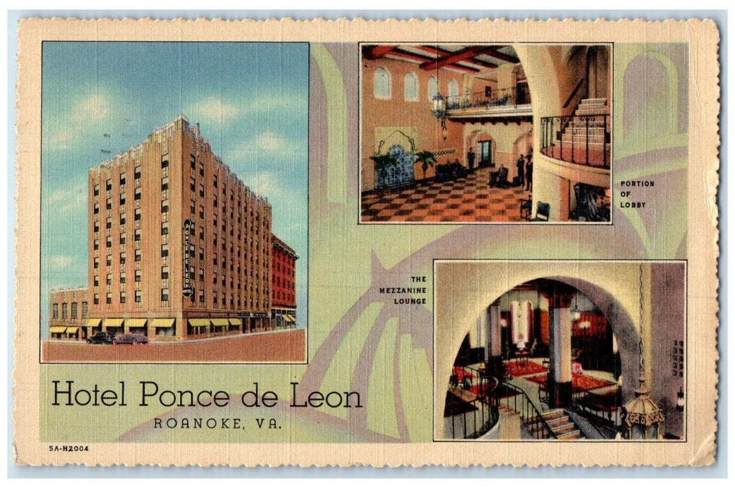 1938 Hotel Ponce De Leon Lobby Lounge Roanoke Virginia VA Multiview Postcard