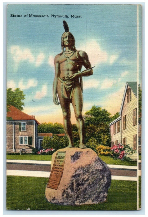 1946 Scenic View Monument Statue Massasoit Plymouth Massachusetts MA Postcard