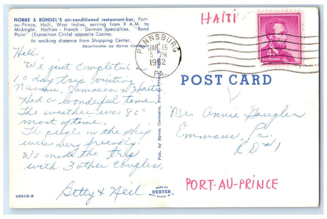 1962 Nobbe & Bondel's Restaurant Bar Port-Au-Prince Haiti West Indies Postcard