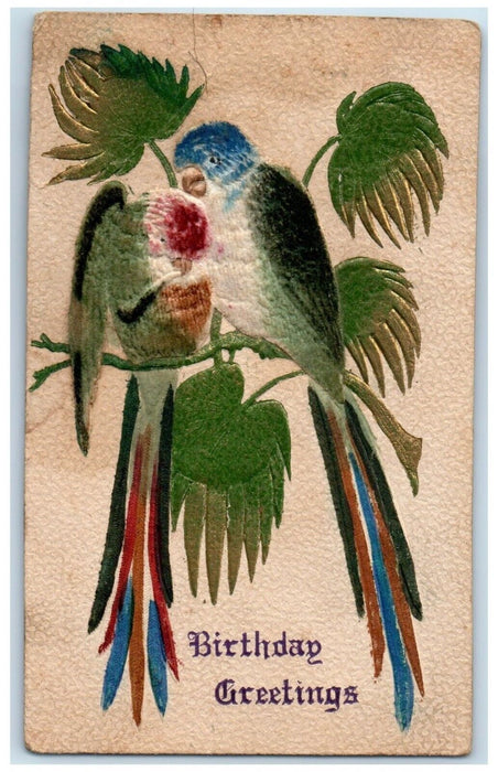 c1910's Birthday Greetings Parrot Painted Felt Rushville Illinois IL Postcard