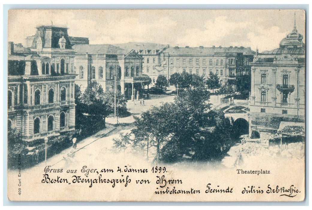 1901 Theater Square Greetings from Eger Hungary Posted Antique Postcard