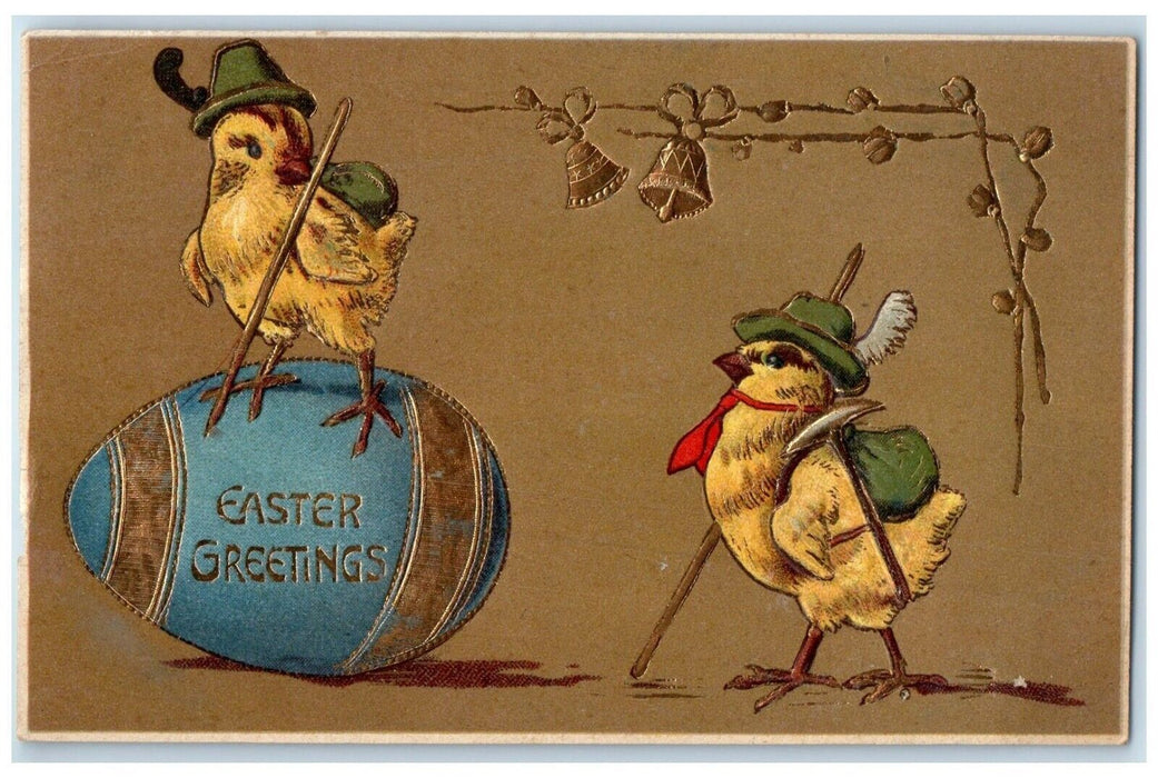 c1910's Easter Greetings Egg Chicks Ringing Bells German Miner Antique Postcard