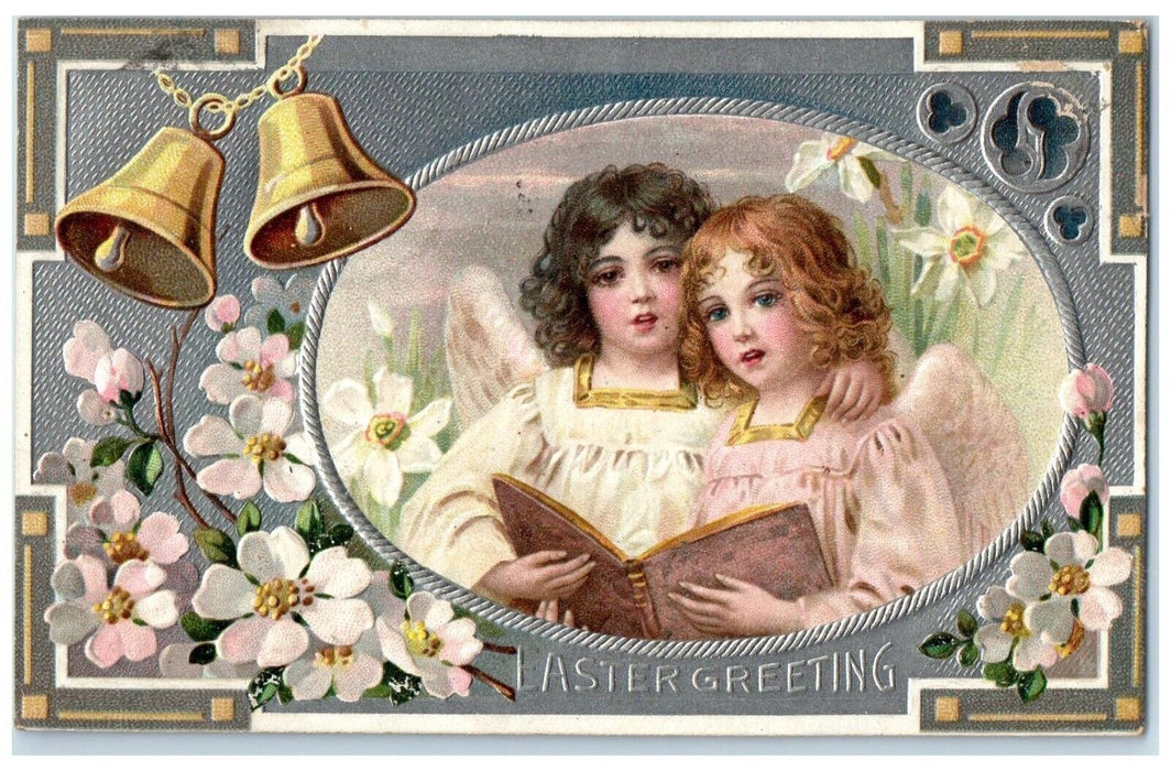 1910 Easter Greeting Angels Singing Ringing Bells Flowers Morrison IL Postcard
