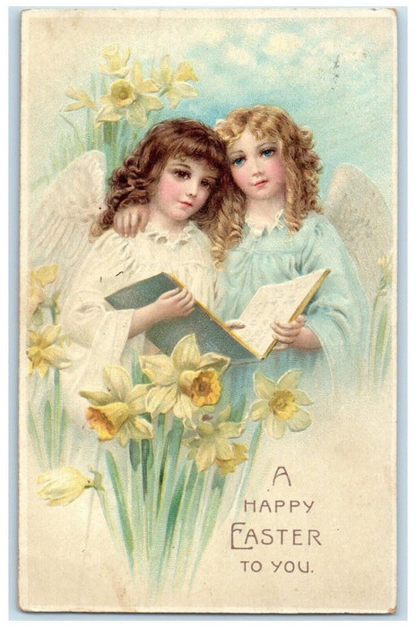 1908 Easter Angels With Book Anf Flowers Embossed Astoria Illinois IL Postcard