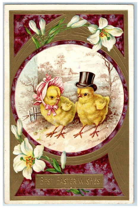 1909 Easter Chicks With Hat Lilies Flowers Embossed Farmington IL Postcard