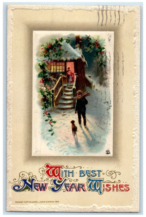 1911 New Year Father And Dog At Home Winter John Winsch Artist Signed Postcard