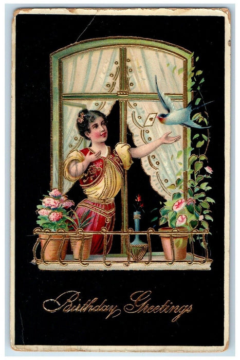 Birthday Greetings Woman On Window Dove Gel Gold Gilt Burlington IA Postcard