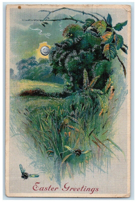 1913 Easter Greetings Bees Forest Scene Quincy Illinois IL Antique Postcard