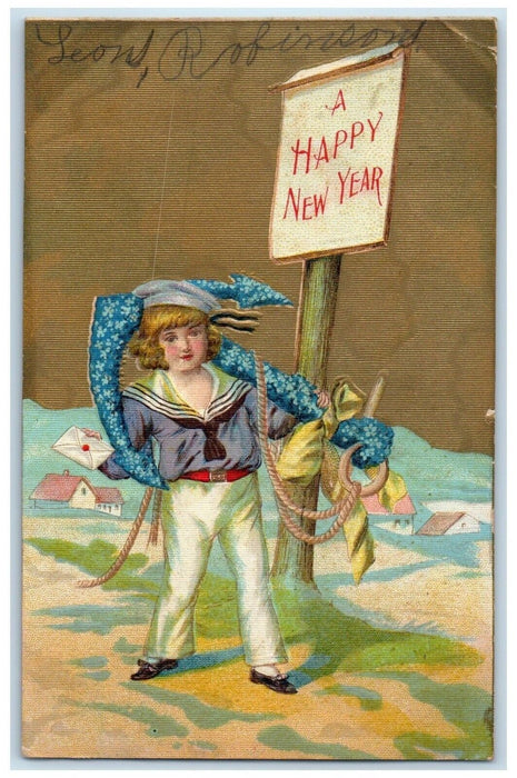 1909 New Year Sailor Big Anchor Covered Flowers Stockport Iowa IA Postcard