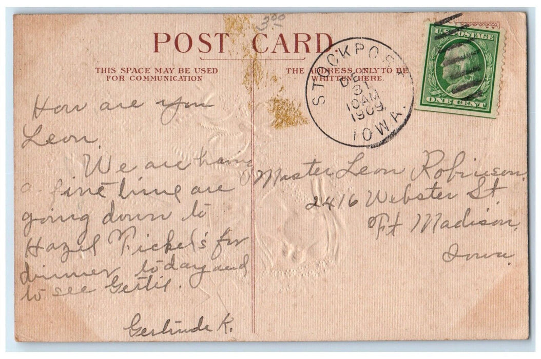 1909 New Year Sailor Big Anchor Covered Flowers Stockport Iowa IA Postcard