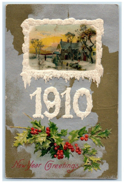 1910 New Year Greetings Large Numbers Holly Berries Winsch Back Posted Postcard