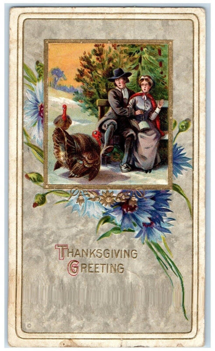 1911 Thanksgiving Greeting Couple Romance Scared To Turkey Antique Postcard