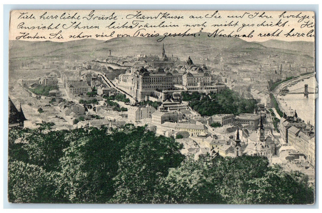 c1905 Aerial View of Buildings River Bridge Mountains in Hungary Postcard