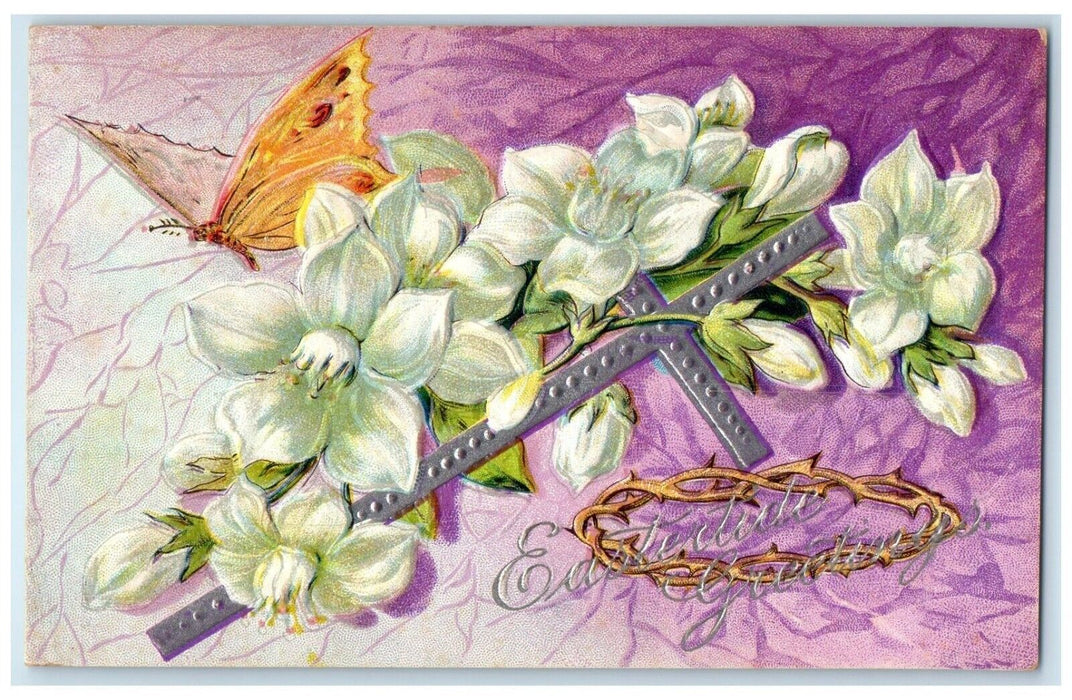 1910 Easter Greeting Holy Cross Flowers Crown Butterfly Burlington IA Postcard