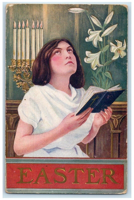 Easter Woman In The Church Holding Book Lily Flowers Ft. Madison IA Postcard