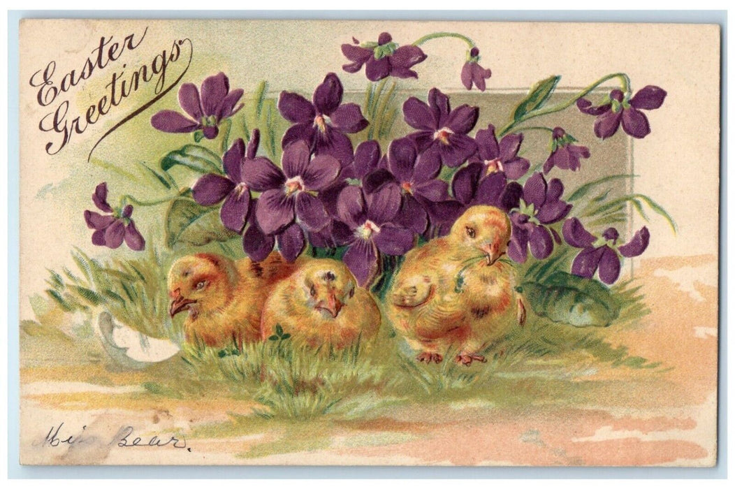 c1910s Easter Greetings Chicks Hatched Egg Purple Flowers Farmington IL Postcard