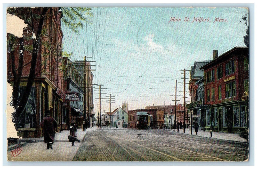 1909 Main St Road Streetcar Buildings Railway Milford Massachusetts MA Postcard