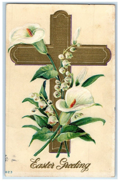 1911 Easter Greeting Holy Cross Flowers Embossed Tioga Illinois DPO Postcard