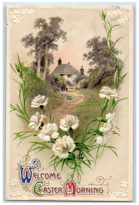 Easter Morning White Flowers House Winsch Back Embossed Morrison IL Postcard