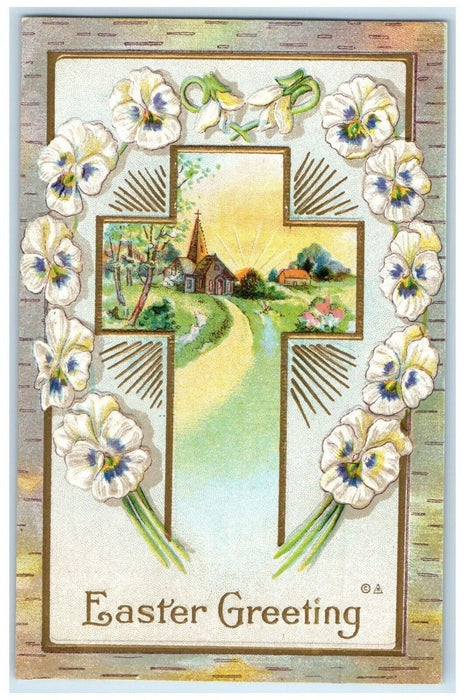 c1910's Easter Greeting Holy Cross Flowers Nash Embossed Antique Postcard