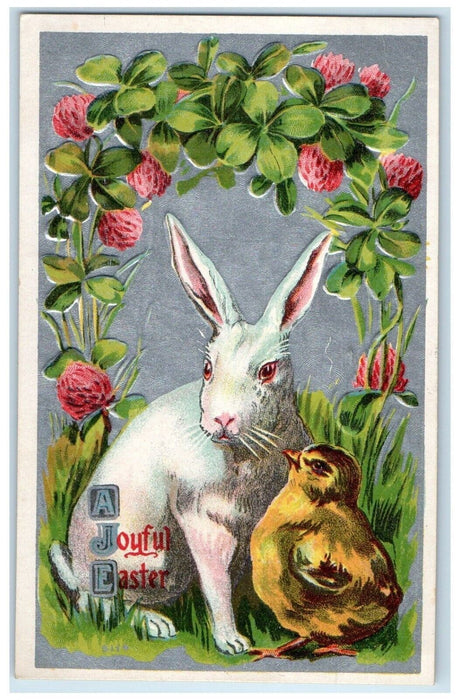c1910's Easter Rabbit Chick Shamrock Flowers Embossed Morrison IL Postcard