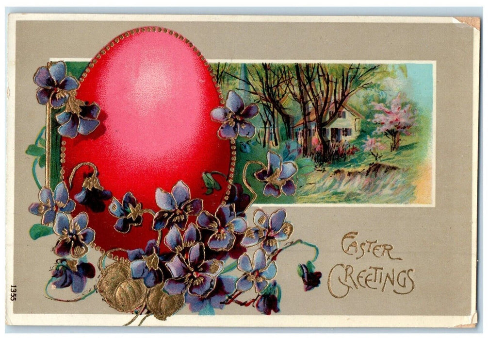 Easter Greetings Big Egg Flowers Gel Gold Gilt Embossed Morrison IL Postcard