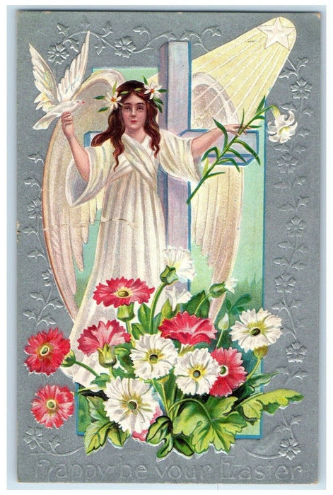 c1910's Easter Holy Cross Angel Dove Flowers Embossed Huntington MO Postcard