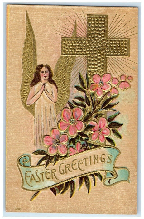 c1910's Easter Greetings Holy Cross Angel Flowers Embossed Antique Postcard