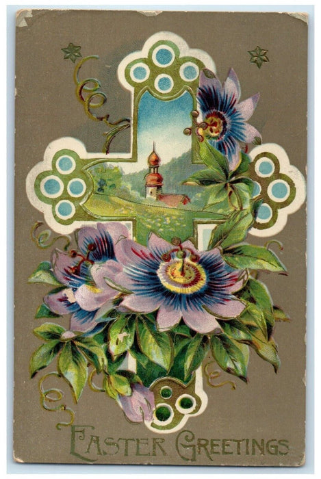 1911 Easter Greetings Holy Cross Flowers Gel Gold Gilt Solon Iowa IA Postcard