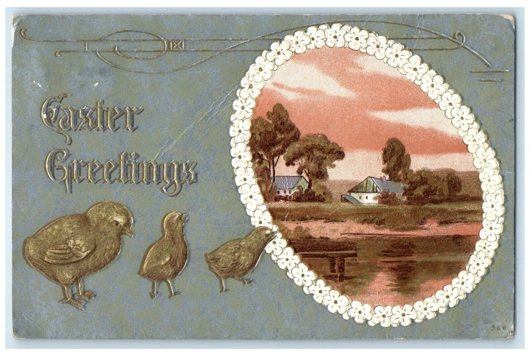 1910 Easter Greetings Egg Flowers Chicks Embossed Posted Antique Postcard