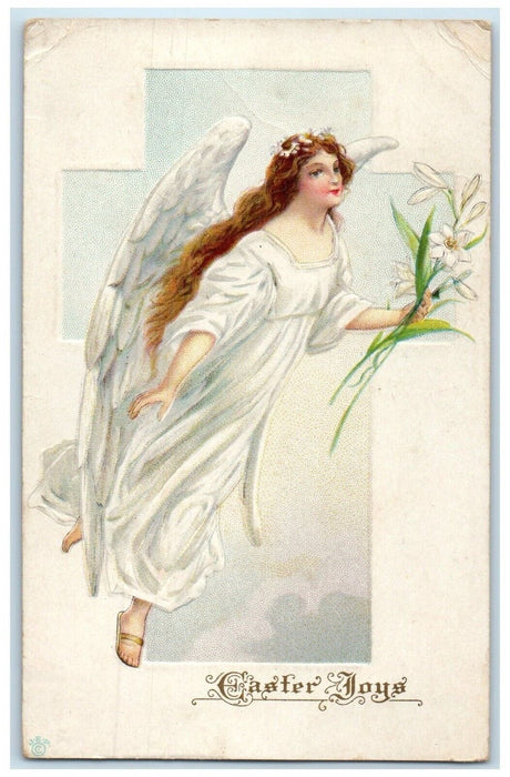 1915 Easter Joys Floating Angel With Lily Flowers Embossed Davenport IA Postcard