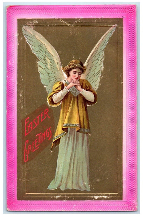 1910 Easter Greetings Holy Angel Praying Embossed Ely Iowa IA Antique Postcard
