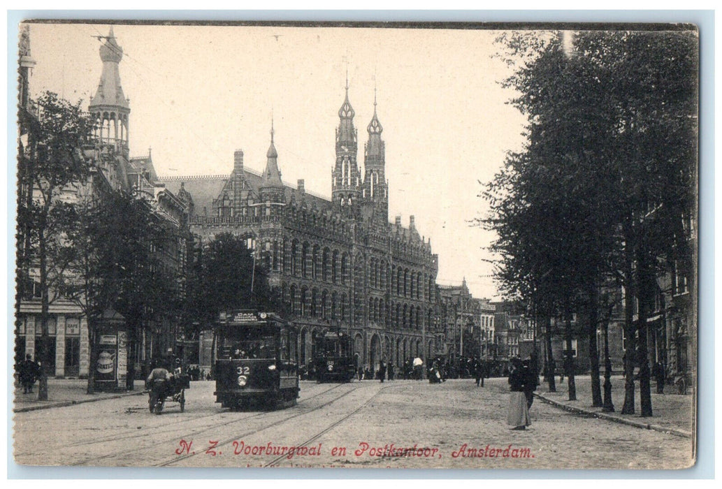 c1910 Trolley Car Voorburgwal And Post Office Amsterdam Netherlands Postcard