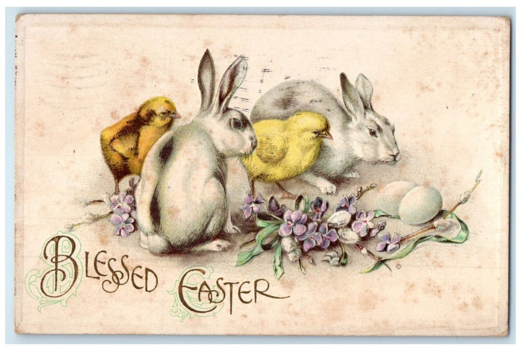1915 Easter Chicks Bunny Rabbit Eggs Flowers Embossed Kirksville MO Postcard