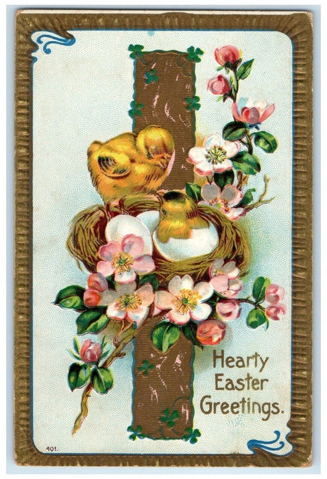 1911 Easter Greetings Hatched Egg Chicks Nest Flowers Embossed Posted Postcard