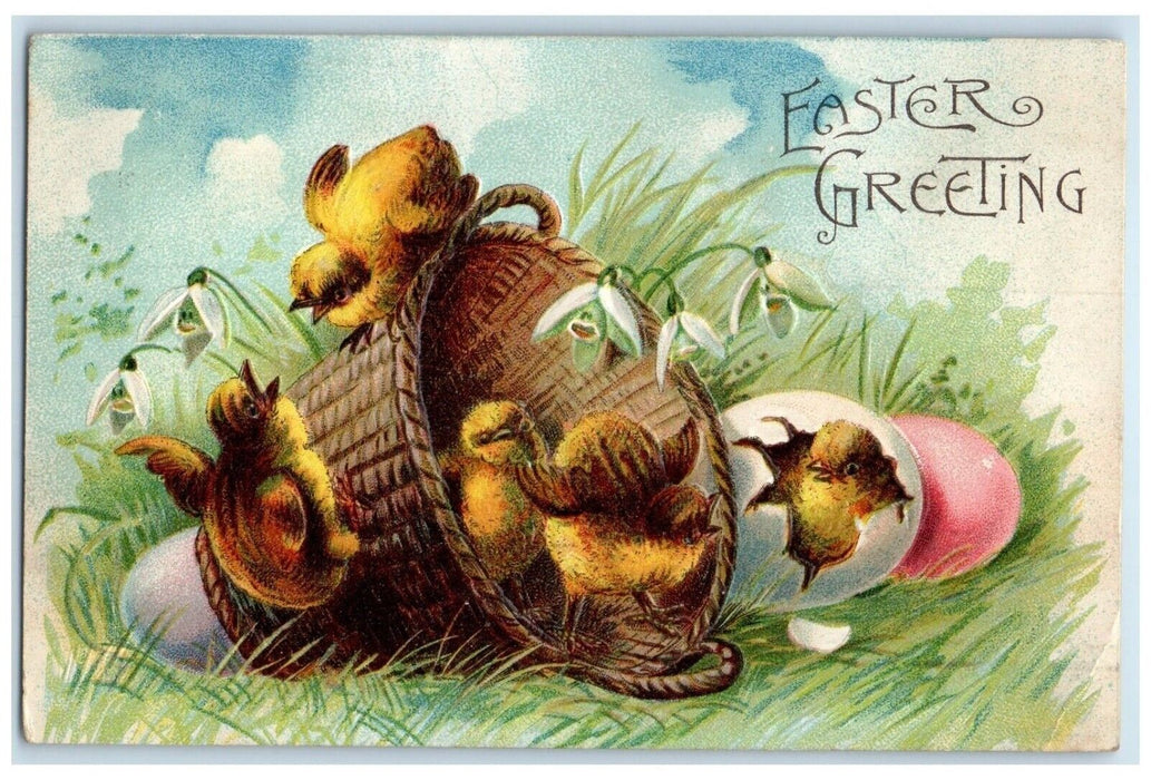 1909 Easter Greeting Chicks In Basket Hatched Egg Flowers Antique Postcard