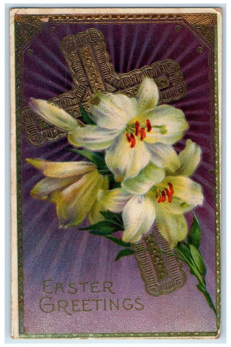 1913 Easter Greetings Holy Cross Lilies Flowers Des Moines Iowa IA Postcard