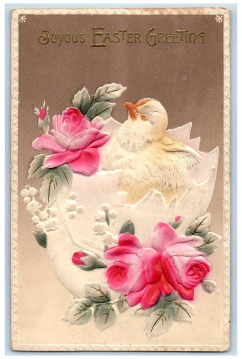 1914 Easter Greeting Chick In Hatched Egg Flowers Airbrushed Solon IA Postcard