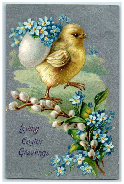 c1910's Easter Greetings Chick Egg With Flowers Pipe Berry Tuck's Postcard
