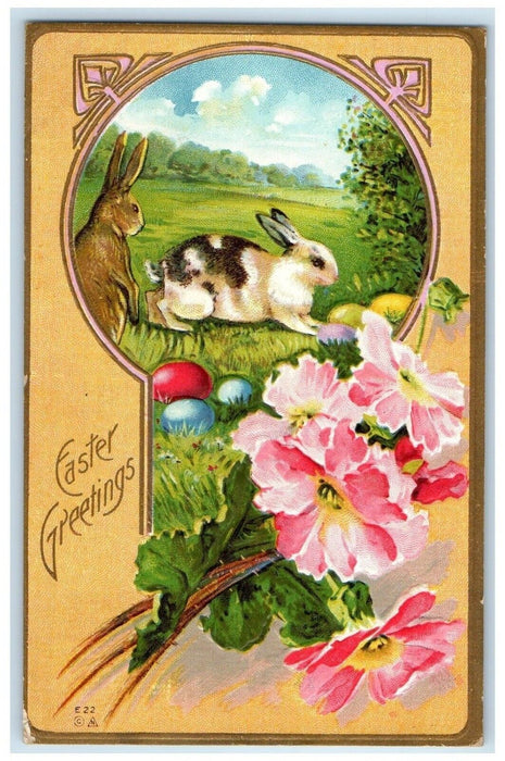 1912 Easter Greetings Bunny Rabbit Eggs Flowers Embosses Long Beach CA Postcard