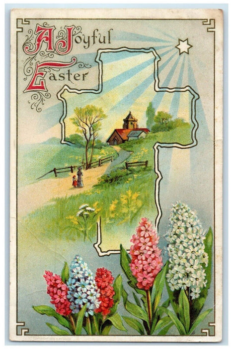 c1910's Easter House Church And Flowers Embossed Posted Antique Postcard