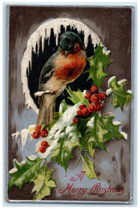 1907 Christmas Songbird Holly Berries Winter Snow Nash Frederick IL Postcard