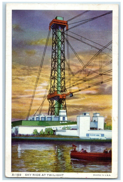 1934 Sky Ride At Twilight Century Of Progress Exposition Chicago IL Postcard