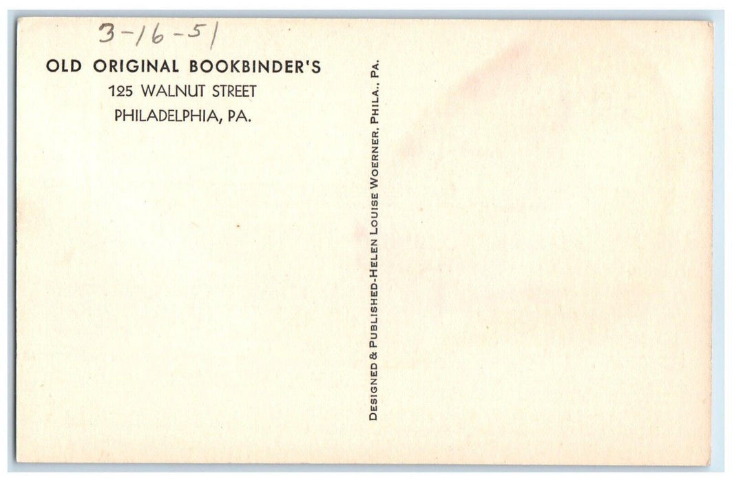 c1951 Old Original Bookbinder's Walnut Street Philadelphia Pennsylvania Postcard